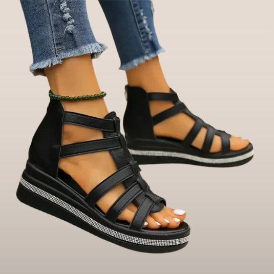 Dames Gladiator Sandalen – Sleehak met Ritssluiting en Kruisbanden