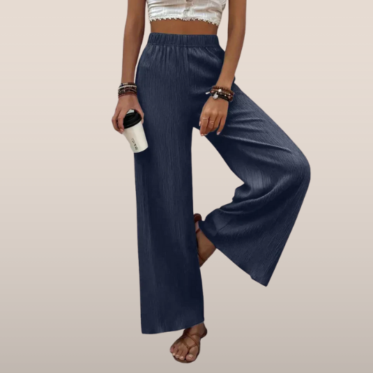 Dames broek – Wijde plissébroek met elastische tailleband