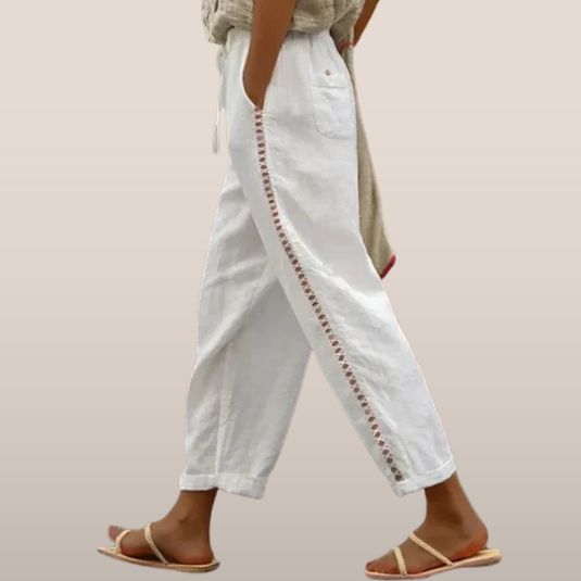 Elena – Linnen Broek met Borduursel en Elastische Taille