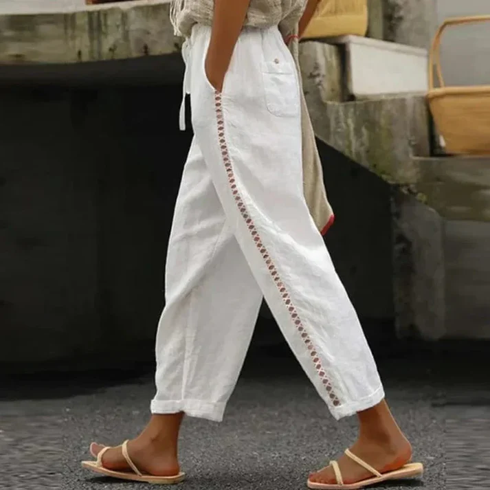 Elena – Linnen Broek met Borduursel en Elastische Taille
