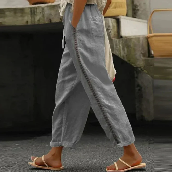 Elena – Linnen Broek met Borduursel en Elastische Taille