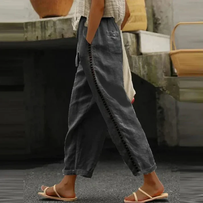 Elena – Linnen Broek met Borduursel en Elastische Taille