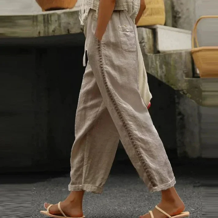 Elena – Linnen Broek met Borduursel en Elastische Taille