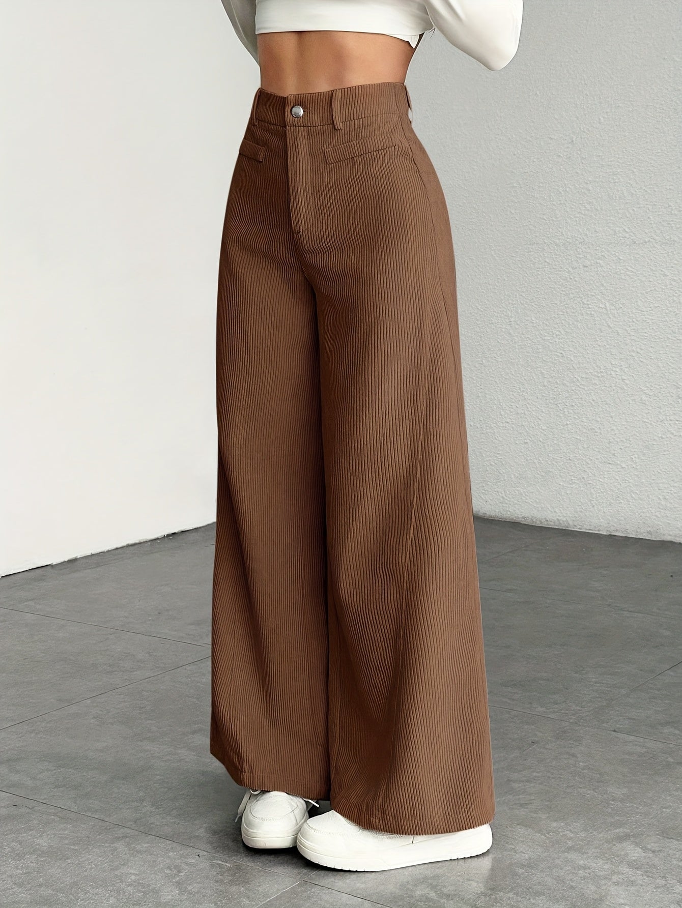 Dames broek – Geribbelde wide leg broek met hoge taille