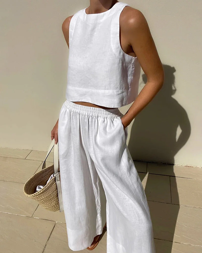 Linnen Set Dames – Mouwloze Top met Wijde Broek