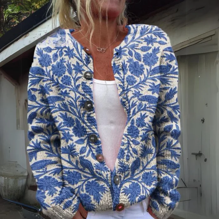 Sylvie – Gebreide Vest met Bloemenprint