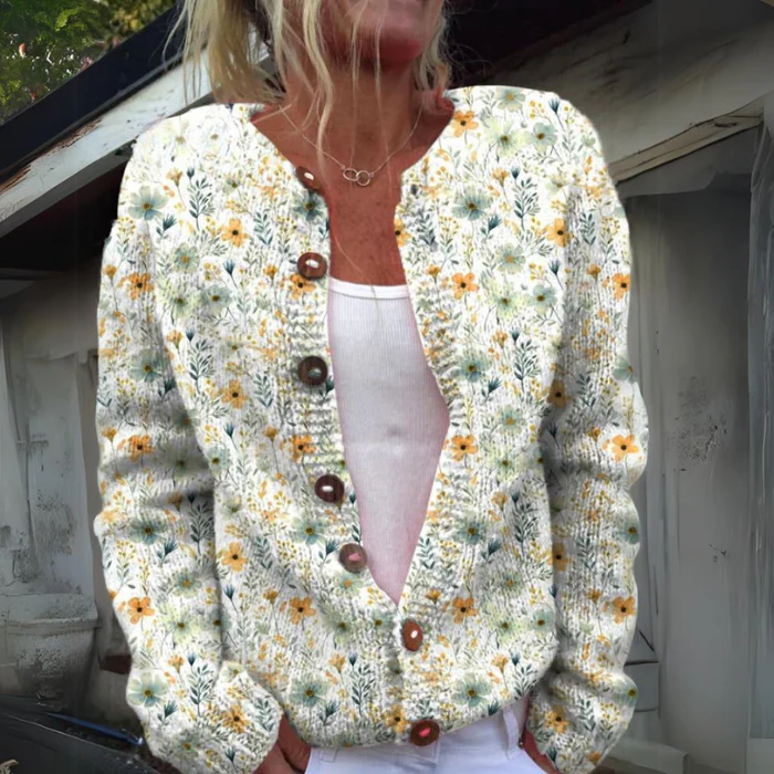 Sylvie – Gebreide Vest met Bloemenprint