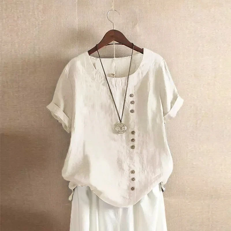 Dames Linnen Blouse - Asymmetrische Knoopsluiting - Korte Mouwen
