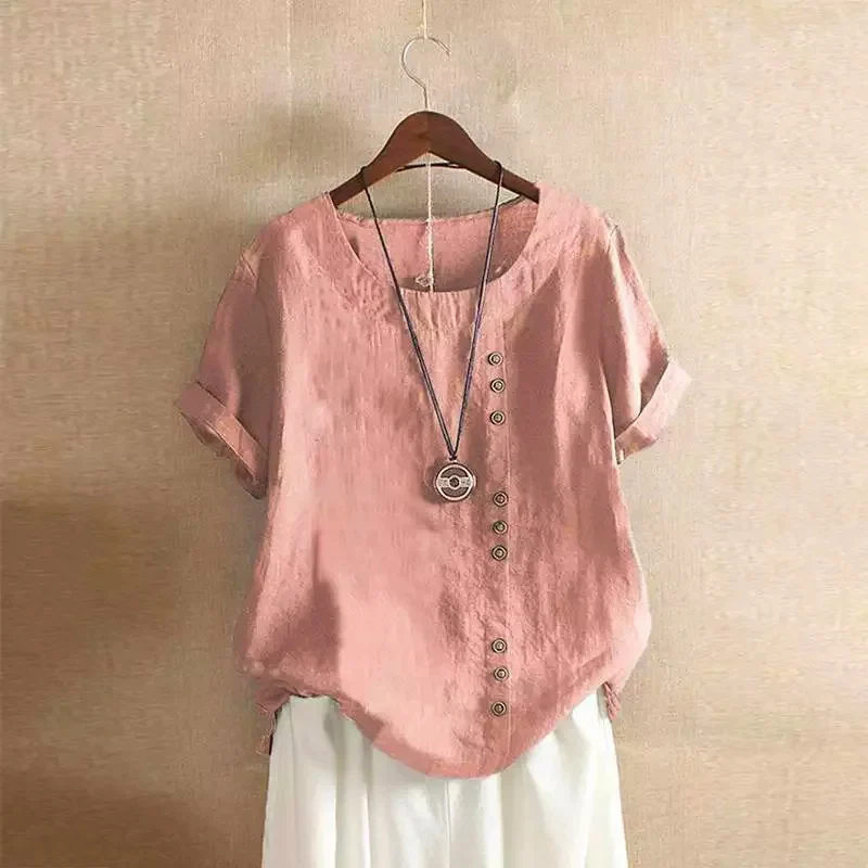 Dames Linnen Blouse - Asymmetrische Knoopsluiting - Korte Mouwen