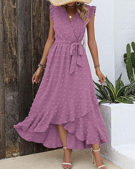 Maxi-jurk met structuurstof en ruches – Elegante zomerjurk met V-hals en strikceintuur