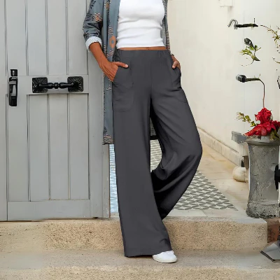 Dames broek – Wijde broek met elastische taille en opgestikte zakken