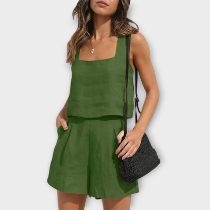 Tweedelig Dames Set – Mouwloos Topje en Losse Short van Linnenmix