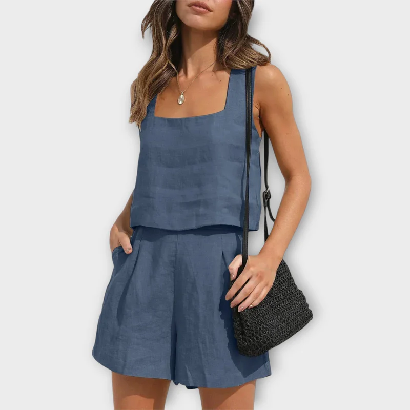 Tweedelig Dames Set – Mouwloos Topje en Losse Short van Linnenmix