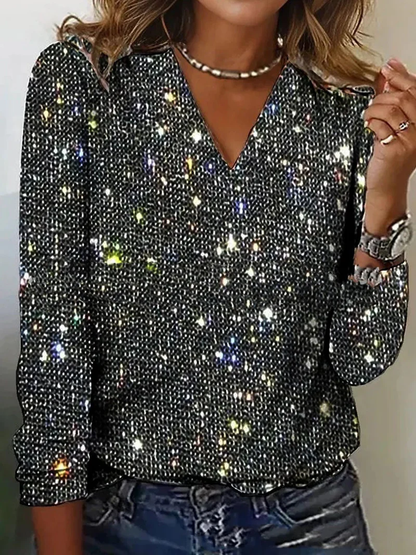 Glitter Top Dames met Lange Mouwen – V-Hals Feestelijke Pailletten Blouse
