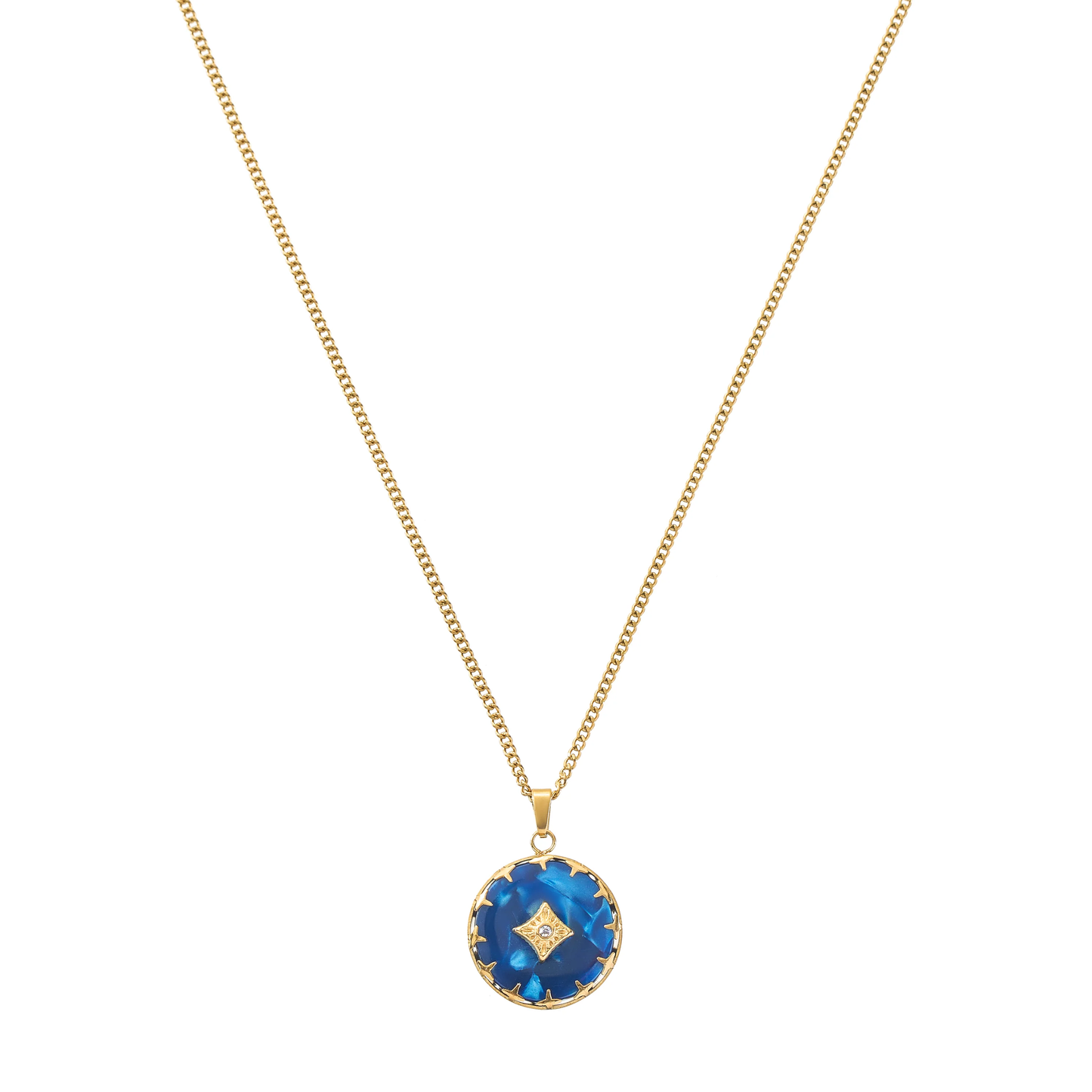 Dames ketting – Ronde hanger met blauwe steen en stervormige rand