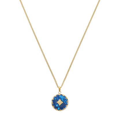 Dames ketting – Ronde hanger met blauwe steen en stervormige rand