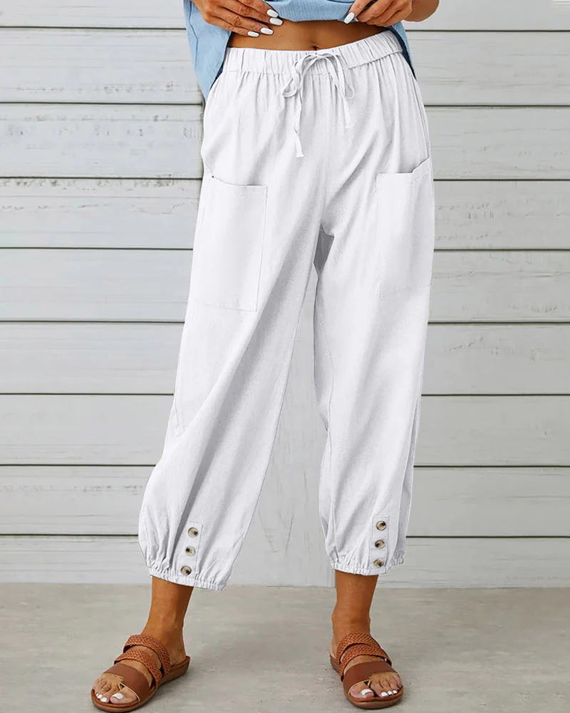 Dames Losse Broek – Luchtige Katoenmix met Elastische Taille en Knoopdetails