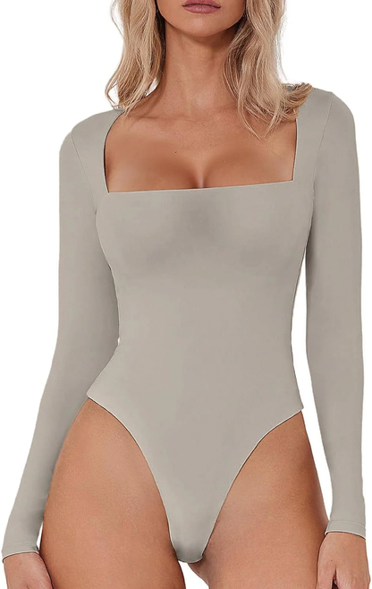 Dames bodysuit met lange mouwen – Vierkante hals en hoge uitsnijding