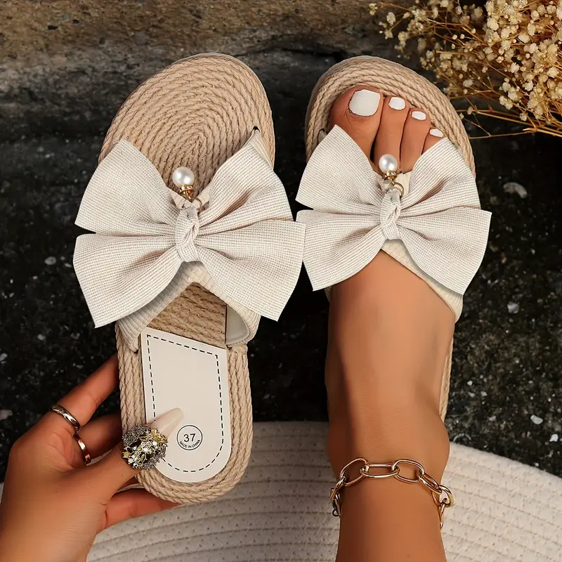 Dames Slippers met Strik en Parel – Zomers Instapmodel met Gevlochten Zool