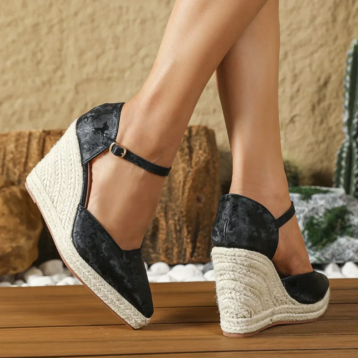 Dames Sleehakken met Enkelband – Espadrille Schoenen met Geweven Touwzool en Puntneus
