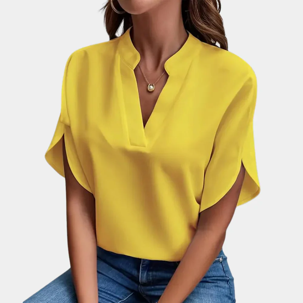 Blouse met V-hals en Korte Mouwen – Minimalistische Elegantie voor Elke Dag