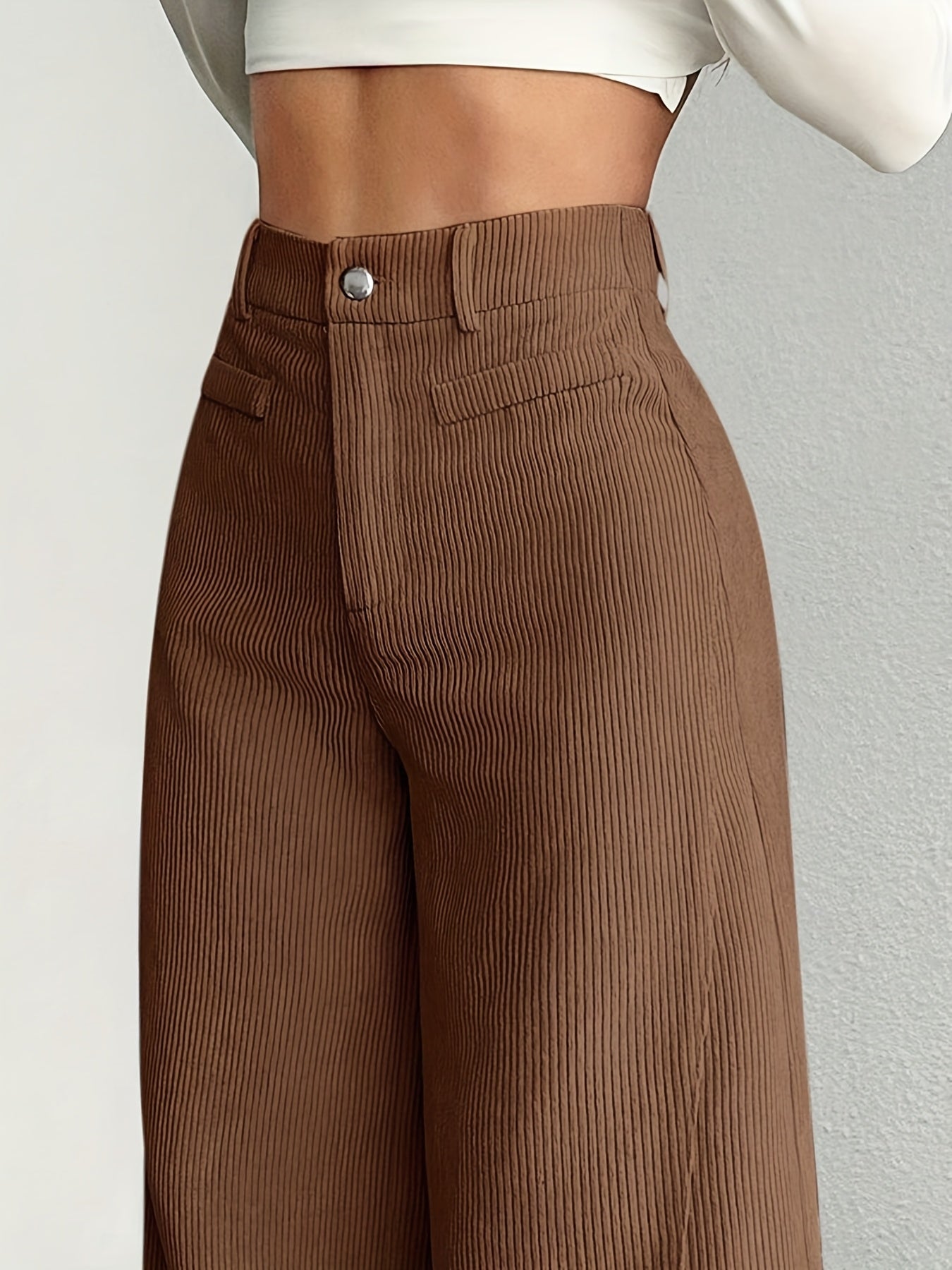 Dames broek – Geribbelde wide leg broek met hoge taille