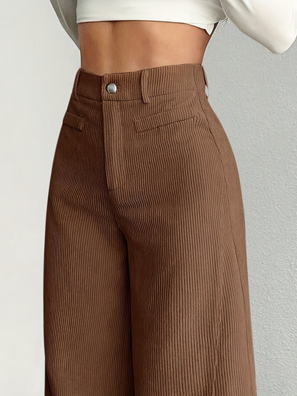 Dames broek – Geribbelde wide leg broek met hoge taille