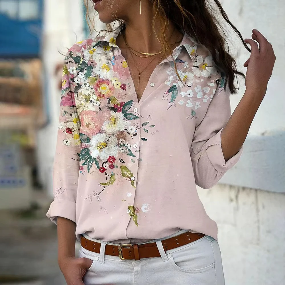 Blouse met Bliksemprint en Bloemenrand – Statement Overhemd met Lange Mouwen