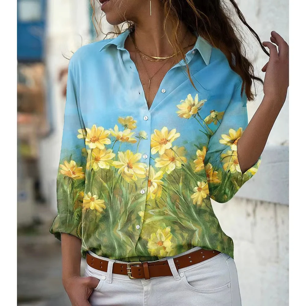 Blouse met Bliksemprint en Bloemenrand – Statement Overhemd met Lange Mouwen