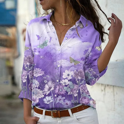 Blouse met Bliksemprint en Bloemenrand – Statement Overhemd met Lange Mouwen