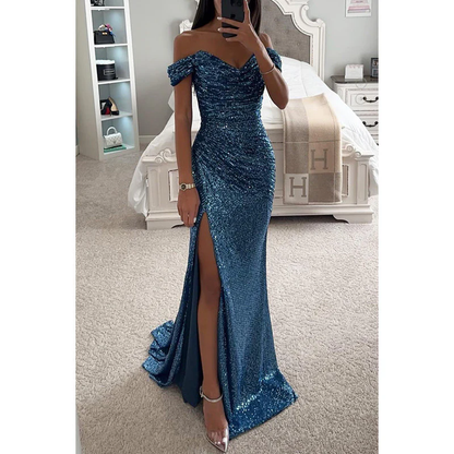 Off Shoulder Maxi Jurk – Pailletten & Hoge Split