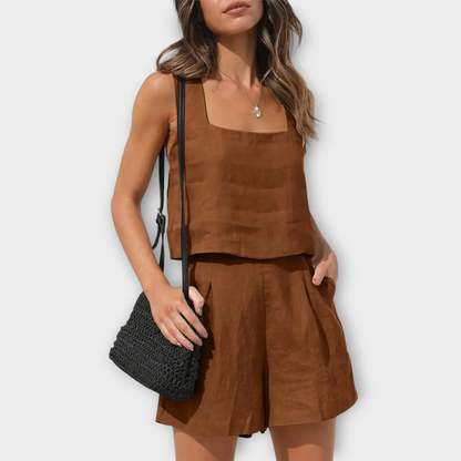 Tweedelig Dames Set – Mouwloos Topje en Losse Short van Linnenmix