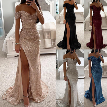 Off Shoulder Maxi Jurk – Pailletten & Hoge Split