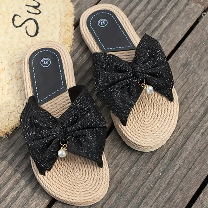Dames Slippers met Strik en Parel – Zomers Instapmodel met Gevlochten Zool