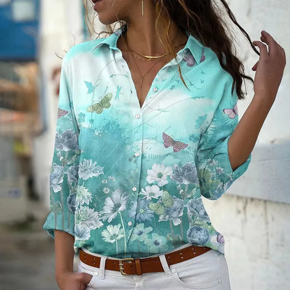 Blouse met Bliksemprint en Bloemenrand – Statement Overhemd met Lange Mouwen