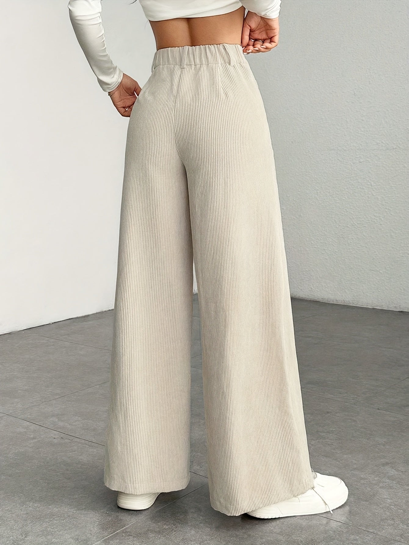 Dames broek – Geribbelde wide leg broek met hoge taille