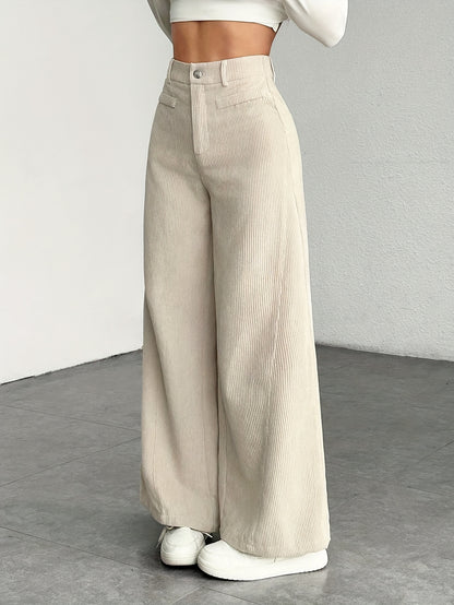 Dames broek – Geribbelde wide leg broek met hoge taille