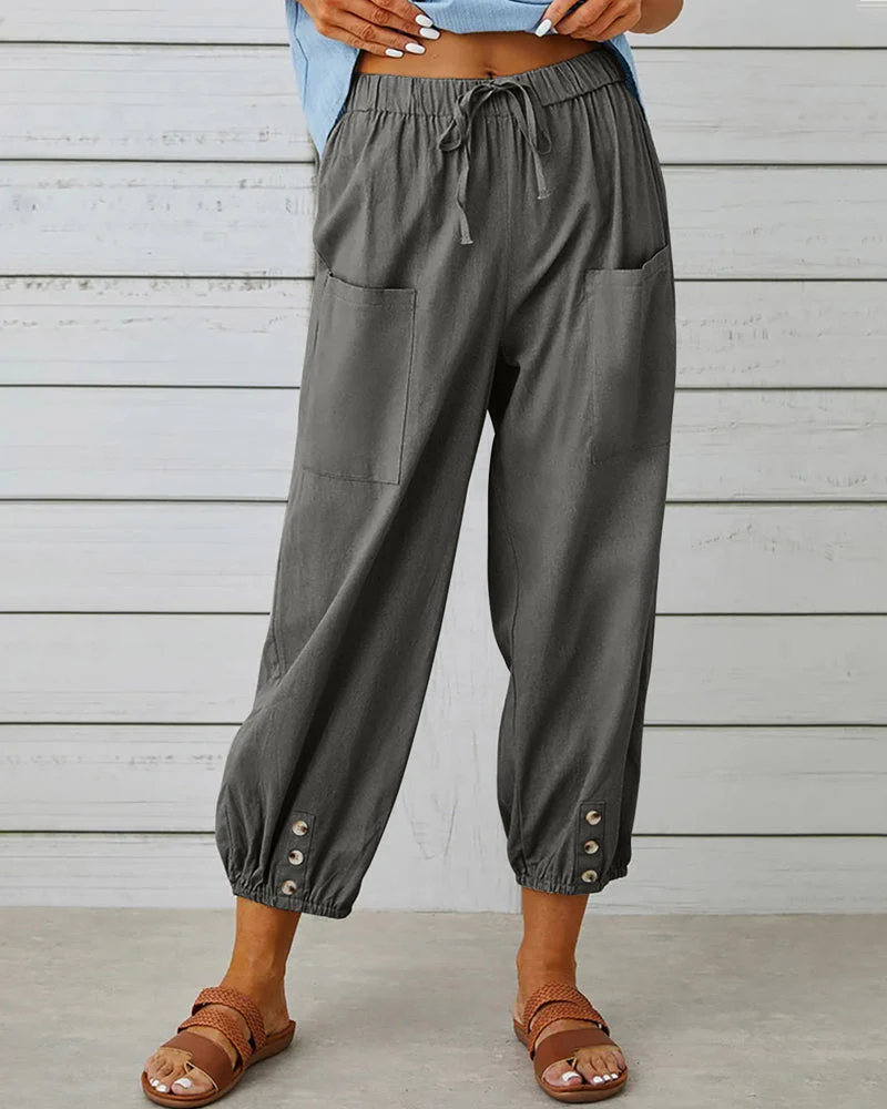 Dames Losse Broek – Luchtige Katoenmix met Elastische Taille en Knoopdetails