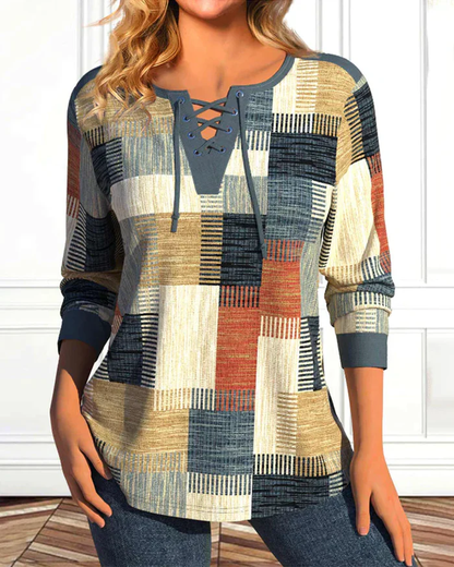 Lange Mouwen Patchwork Top Dames – V-Hals met Vetersluiting en Geometrisch Design