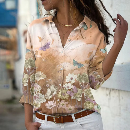 Blouse met Bliksemprint en Bloemenrand – Statement Overhemd met Lange Mouwen
