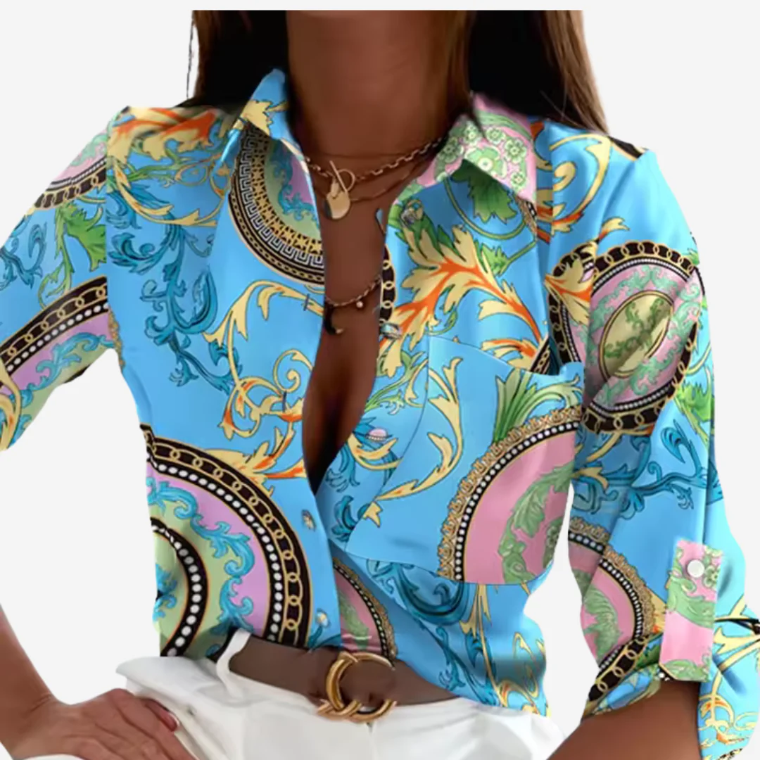 Dames Satijnlook Blouse met Grafische Print – Overhemd met Lange Mouwen