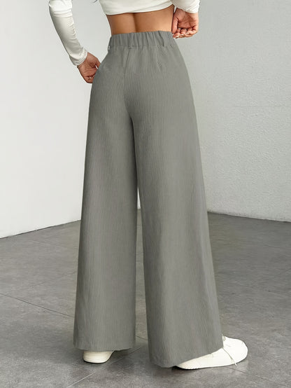 Dames broek – Geribbelde wide leg broek met hoge taille