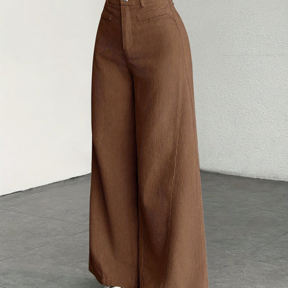 Dames broek – Geribbelde wide leg broek met hoge taille