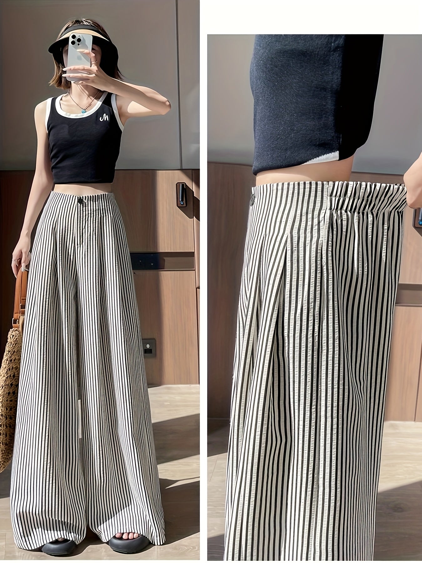 Dames broek – Gestreepte wide leg broek met hoge taille en elastische band