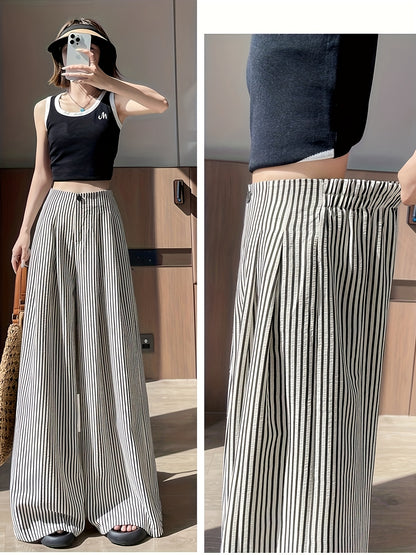 Dames broek – Gestreepte wide leg broek met hoge taille en elastische band