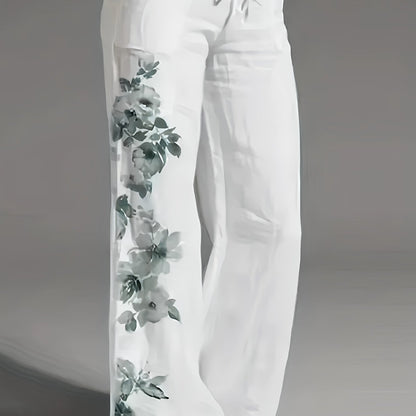 Dames Broek – Witte Linnen Loungebroek met Bloemenprint