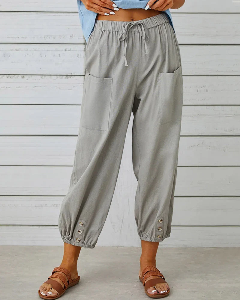 Dames Losse Broek – Luchtige Katoenmix met Elastische Taille en Knoopdetails
