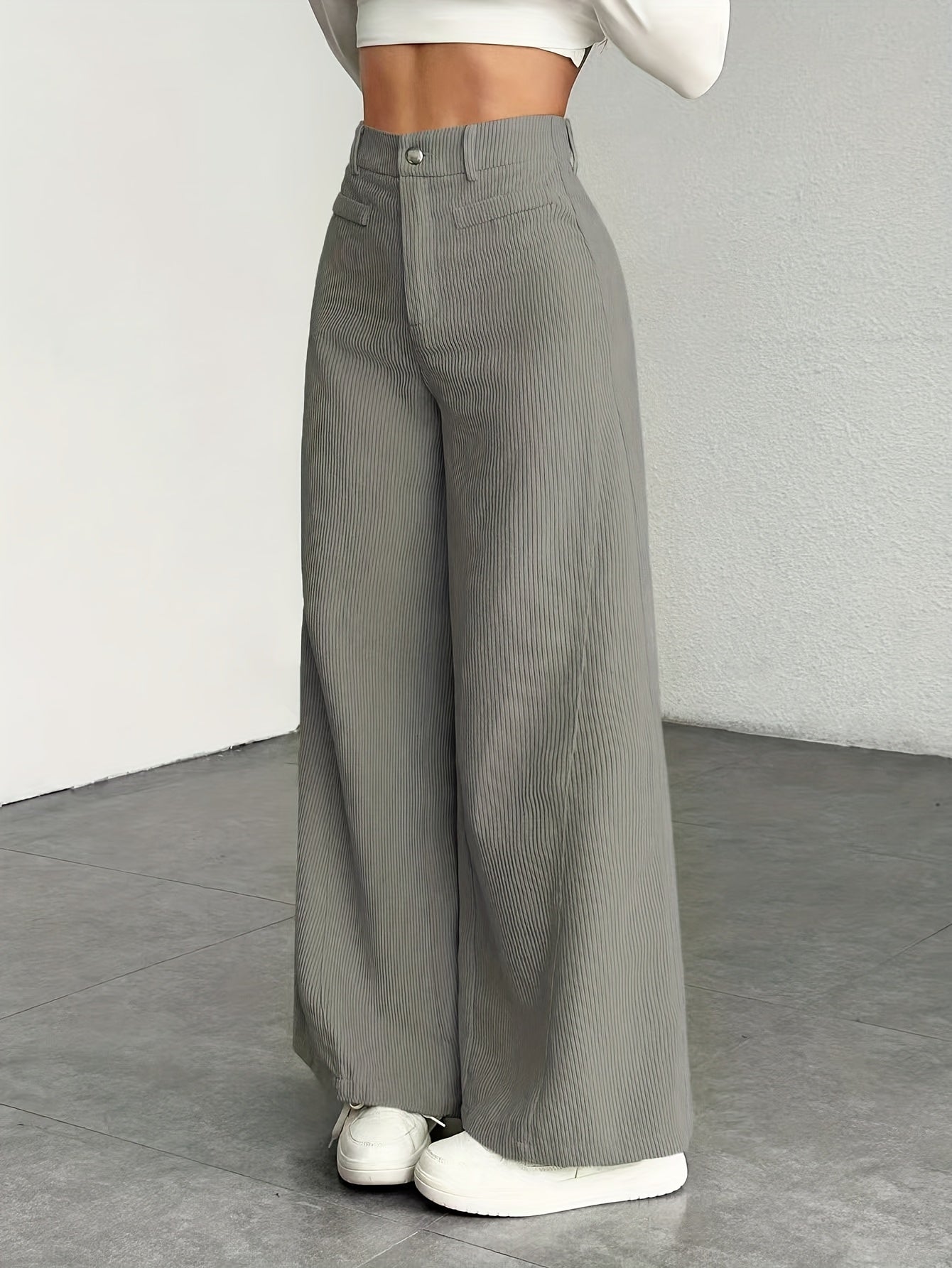 Dames broek – Geribbelde wide leg broek met hoge taille