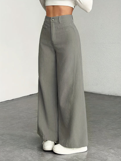 Dames broek – Geribbelde wide leg broek met hoge taille