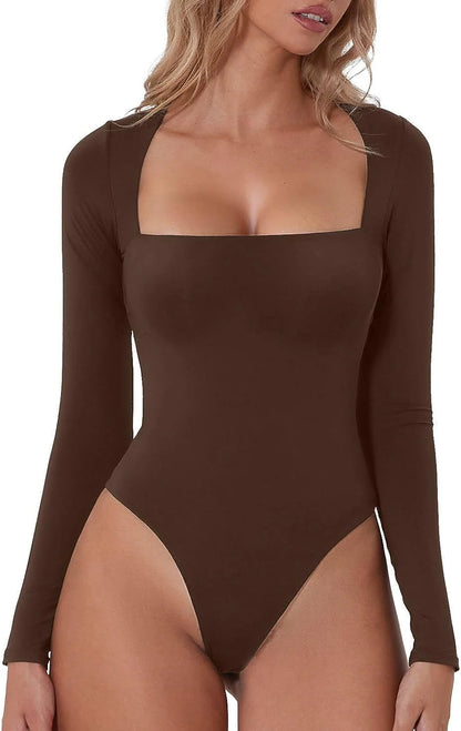 Dames bodysuit met lange mouwen – Vierkante hals en hoge uitsnijding